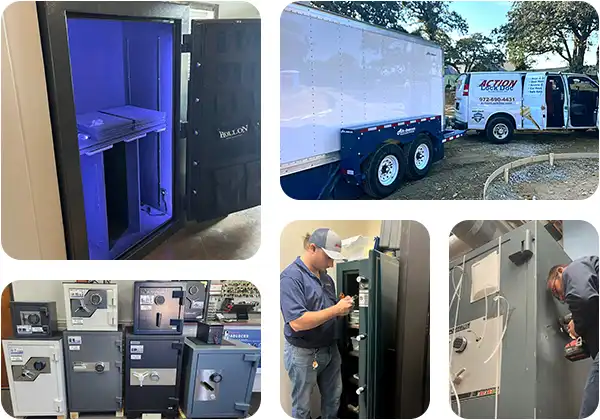 dallas-safe-vault-in-action-home-hero2 Collage of Dallas Safe and Vault locksmiths and safes