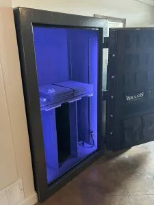 extra large vault safe with blue interior opened after delivery